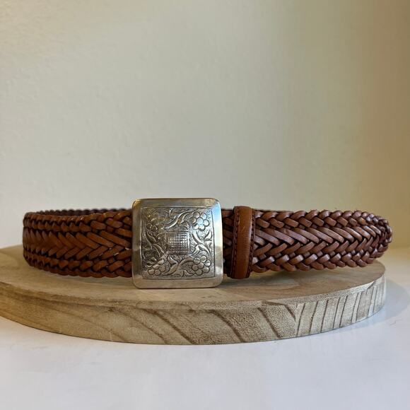 Vintage 90s Tan Woven Weaved Genuine Leather Square Floral Buckle Belt Size SM - Picture 9 of 9